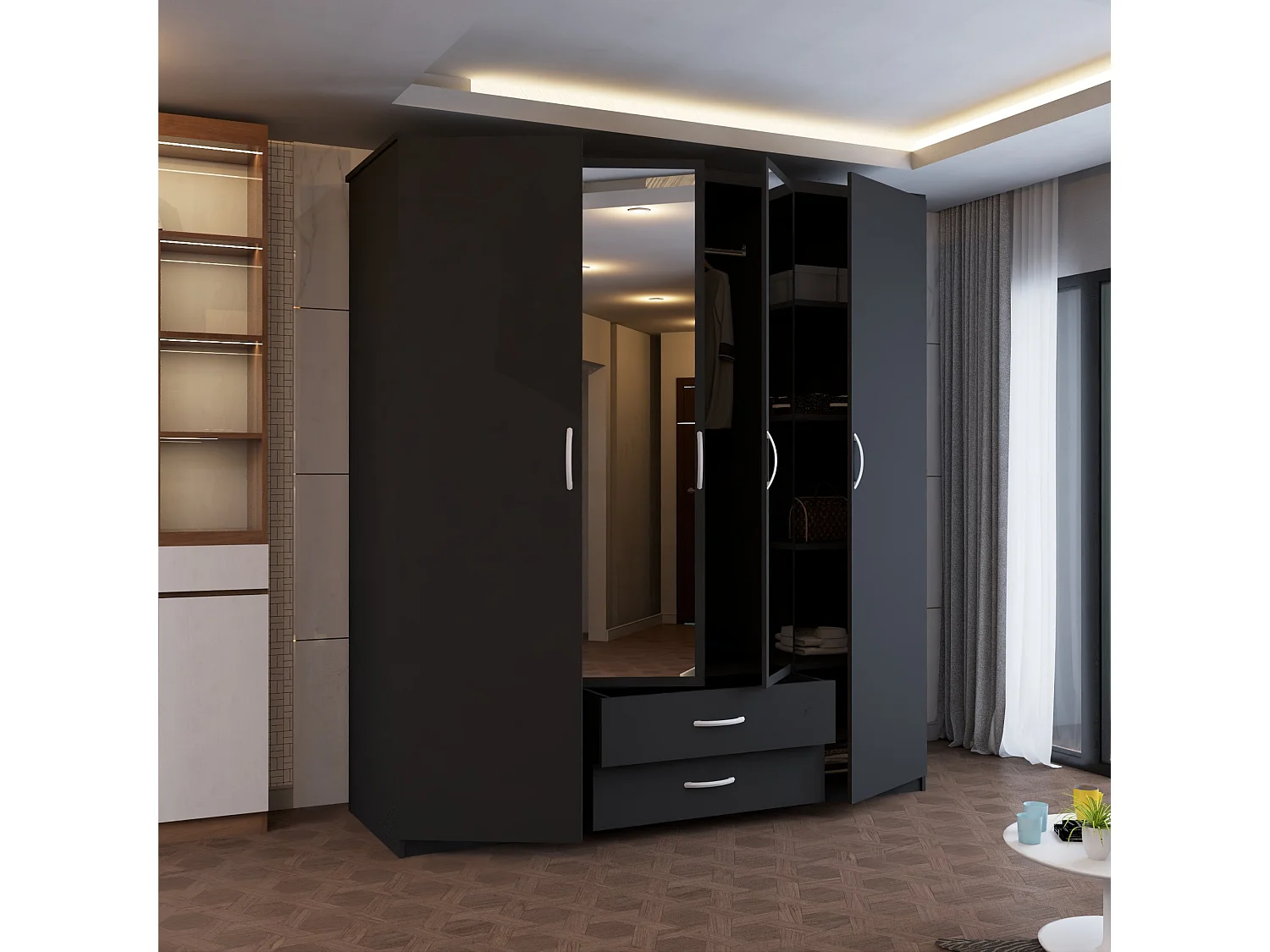 4-Door Mirrored Wardrobe with 8 Shelves and 2 Drawers - black  171cm - Modern
