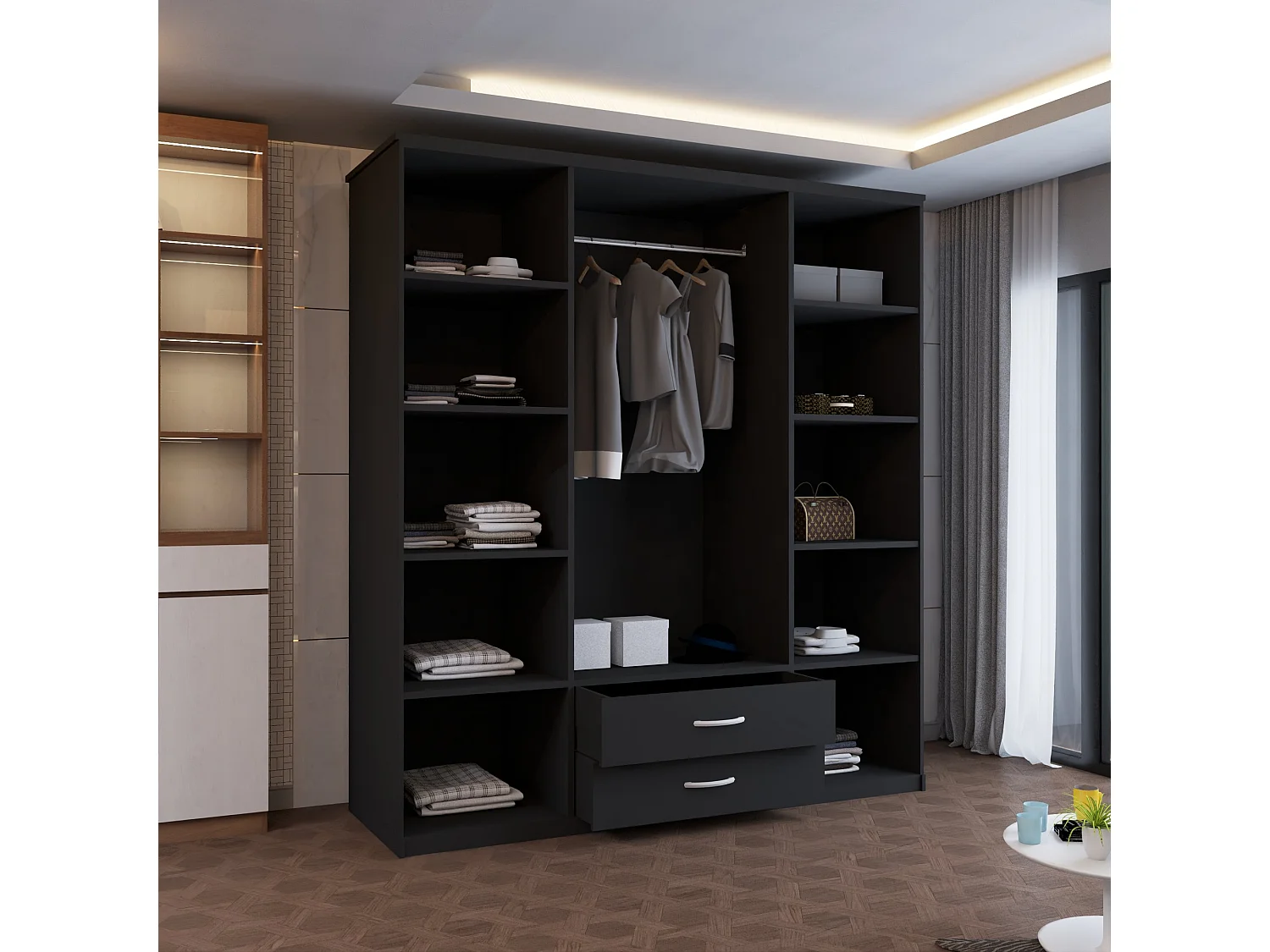 4-Door Mirrored Wardrobe with 8 Shelves and 2 Drawers - black  171cm - Modern