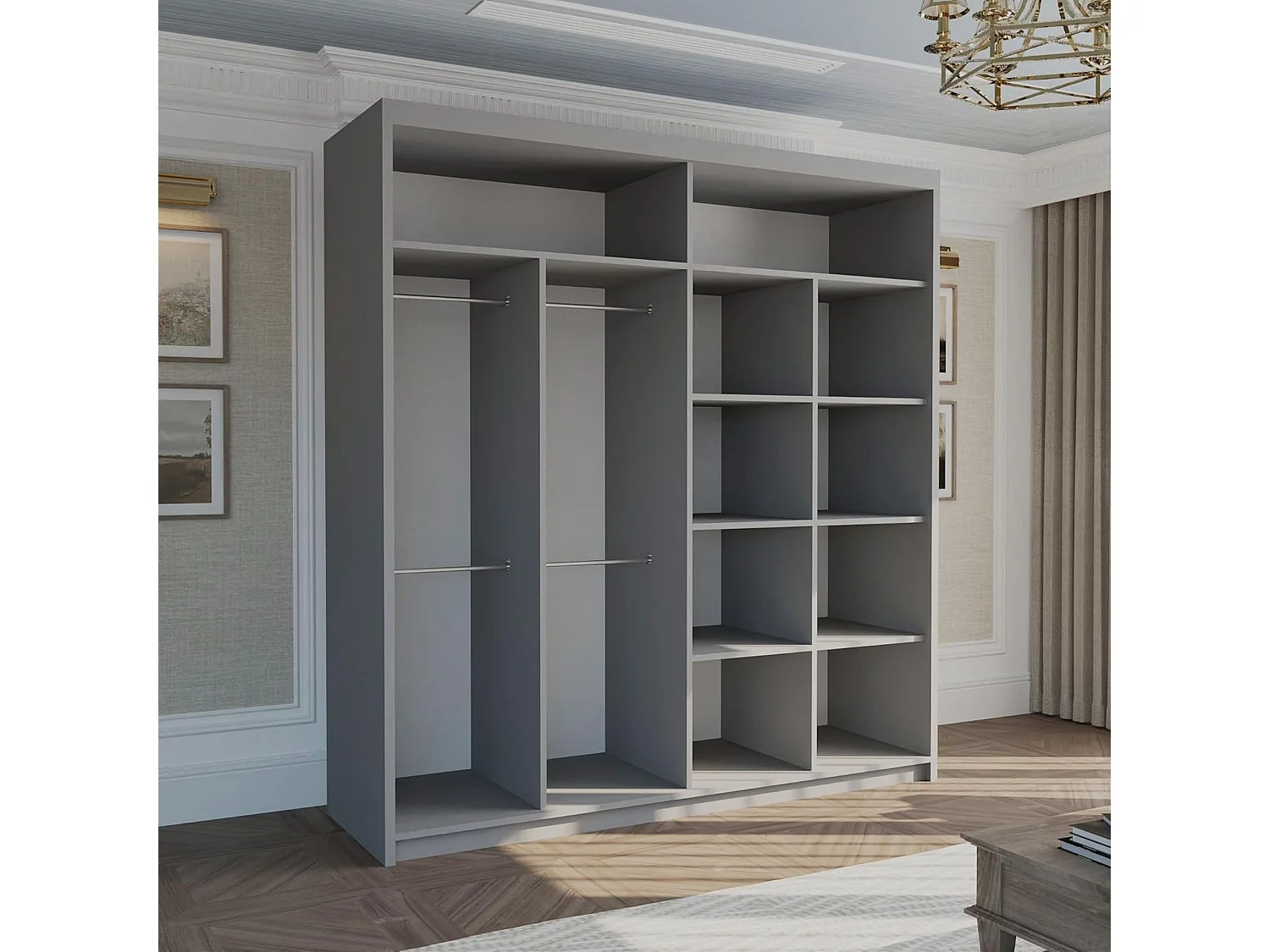 Full Mirror Sliding Door Wardrobe with Shelves & Hanging Rails - grey 203cm - Celine
