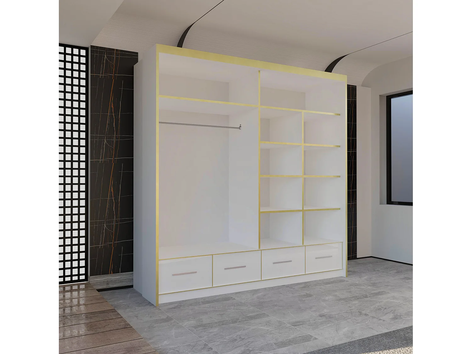 High Gloss Mirrored Sliding Door Wardrobe with Gold Detail - white 203cm - Sudenia