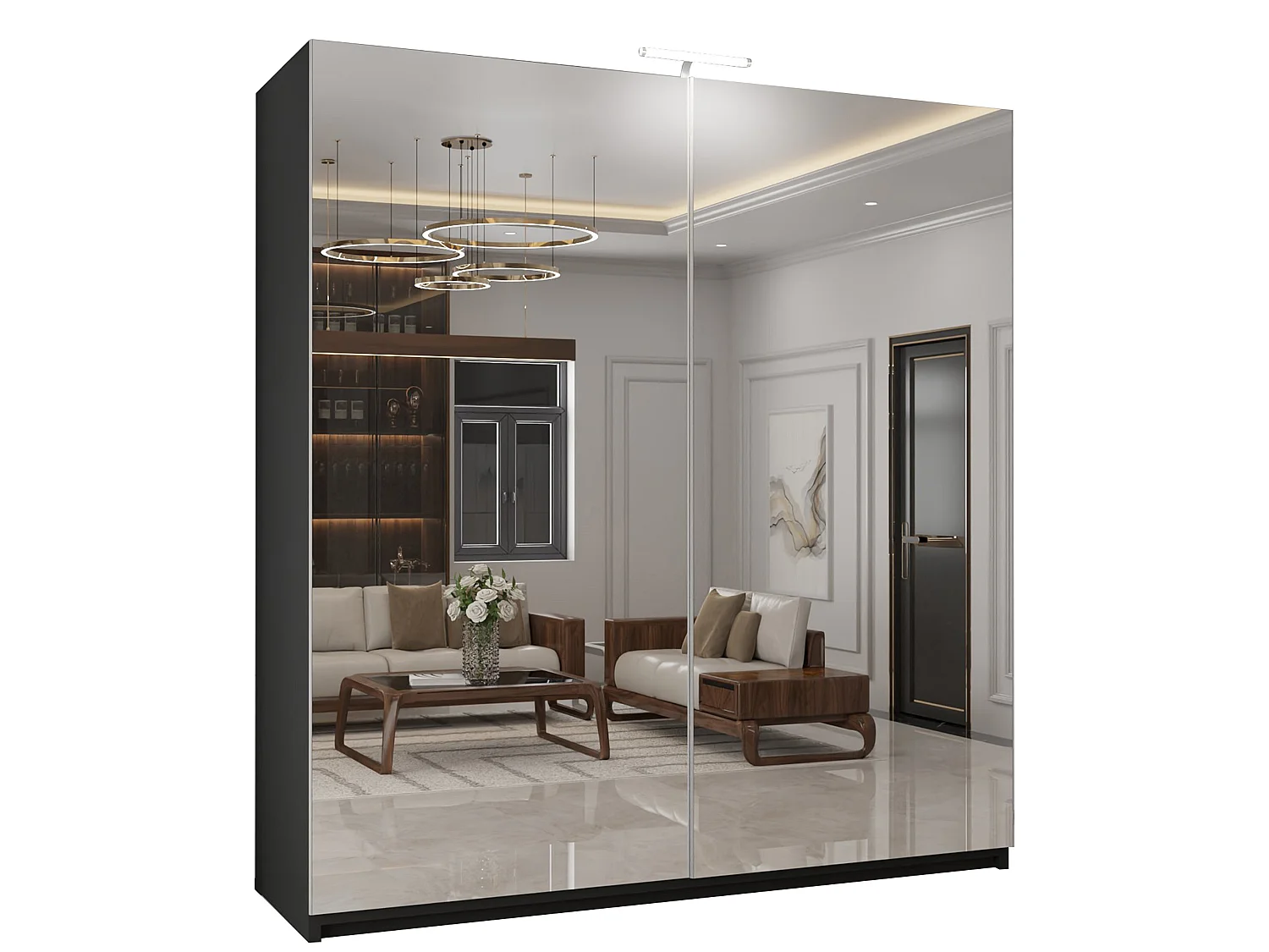 Full Mirror Sliding Door Wardrobe with LED Light & Drawers - black 150cm - Elara