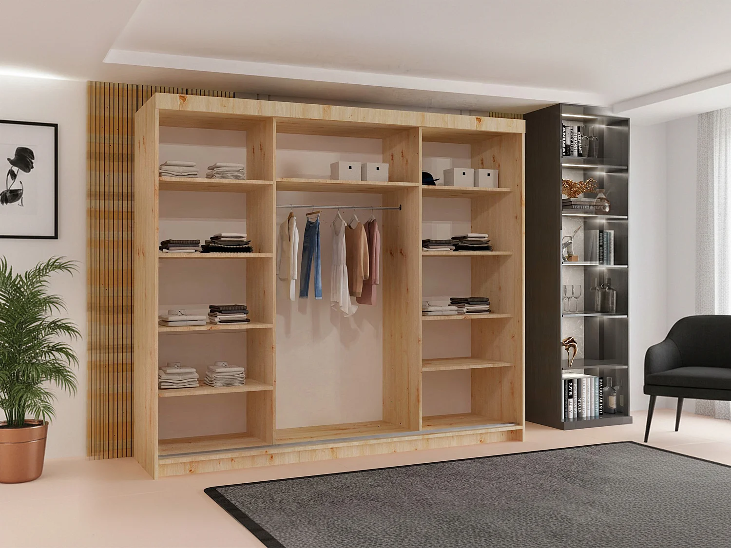 3-Door Sliding Wardrobe with Shelves & Hanging Rail - artisan 250cm - Lorenzo