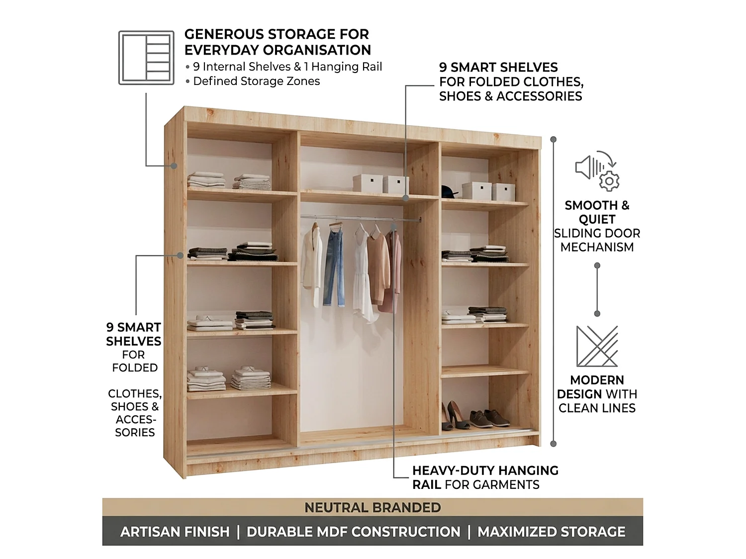 3-Door Sliding Wardrobe with Shelves & Hanging Rail - artisan 250cm - Lorenzo