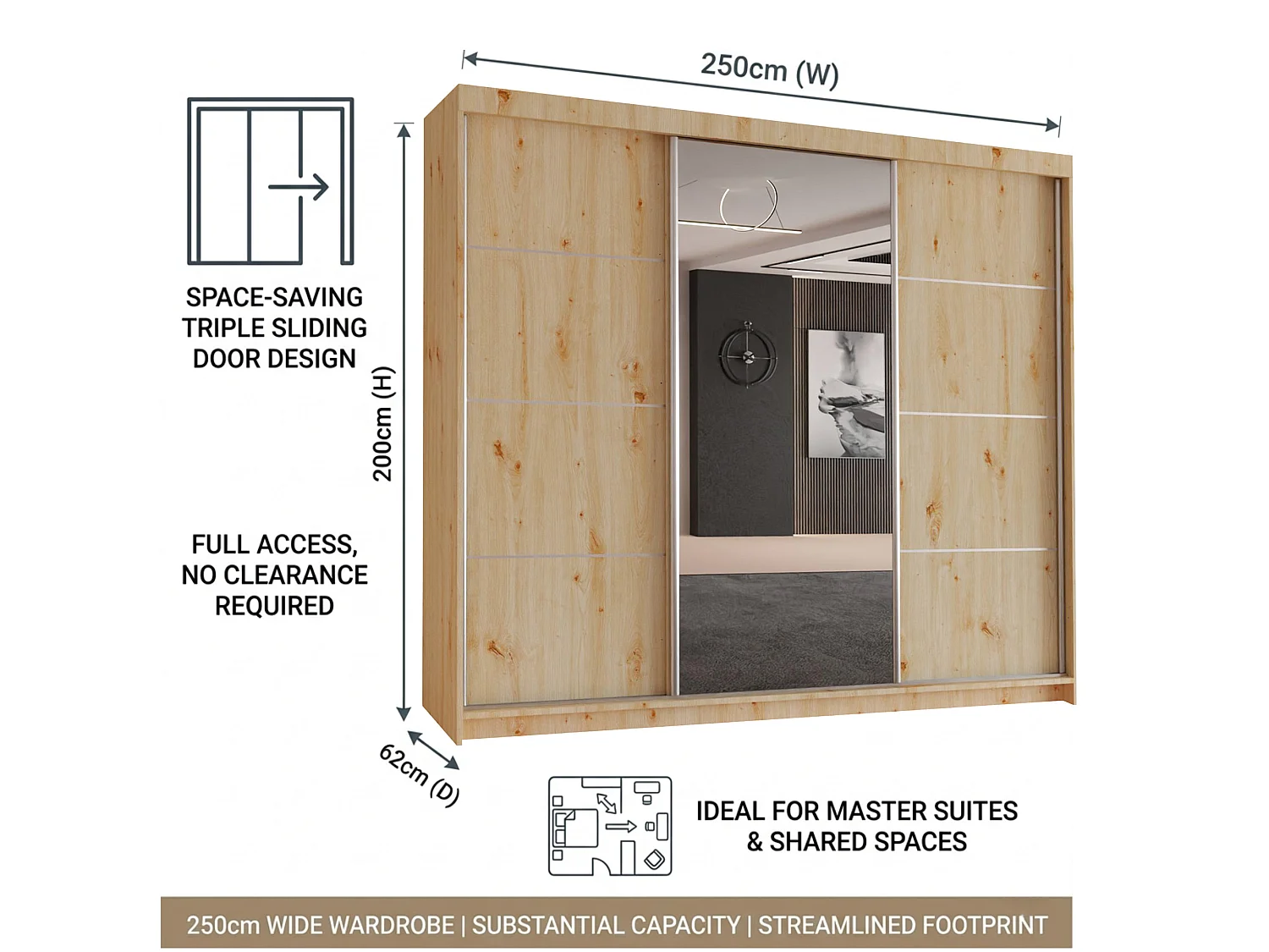 3-Door Sliding Wardrobe with Shelves & Hanging Rail - artisan 250cm - Lorenzo