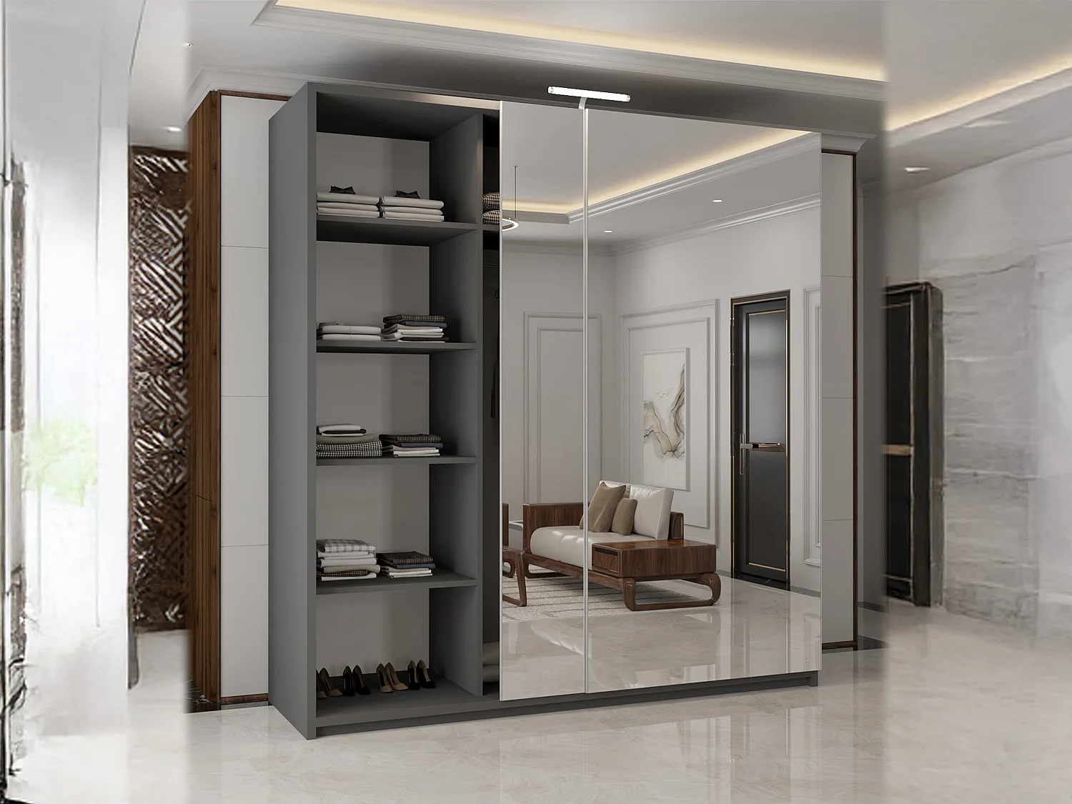Full Mirror Sliding Door Wardrobe with LED Light & Drawers - grey 200cm - Elara