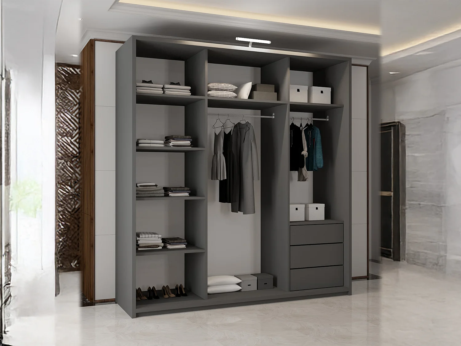Full Mirror Sliding Door Wardrobe with LED Light & Drawers - grey 200cm - Elara