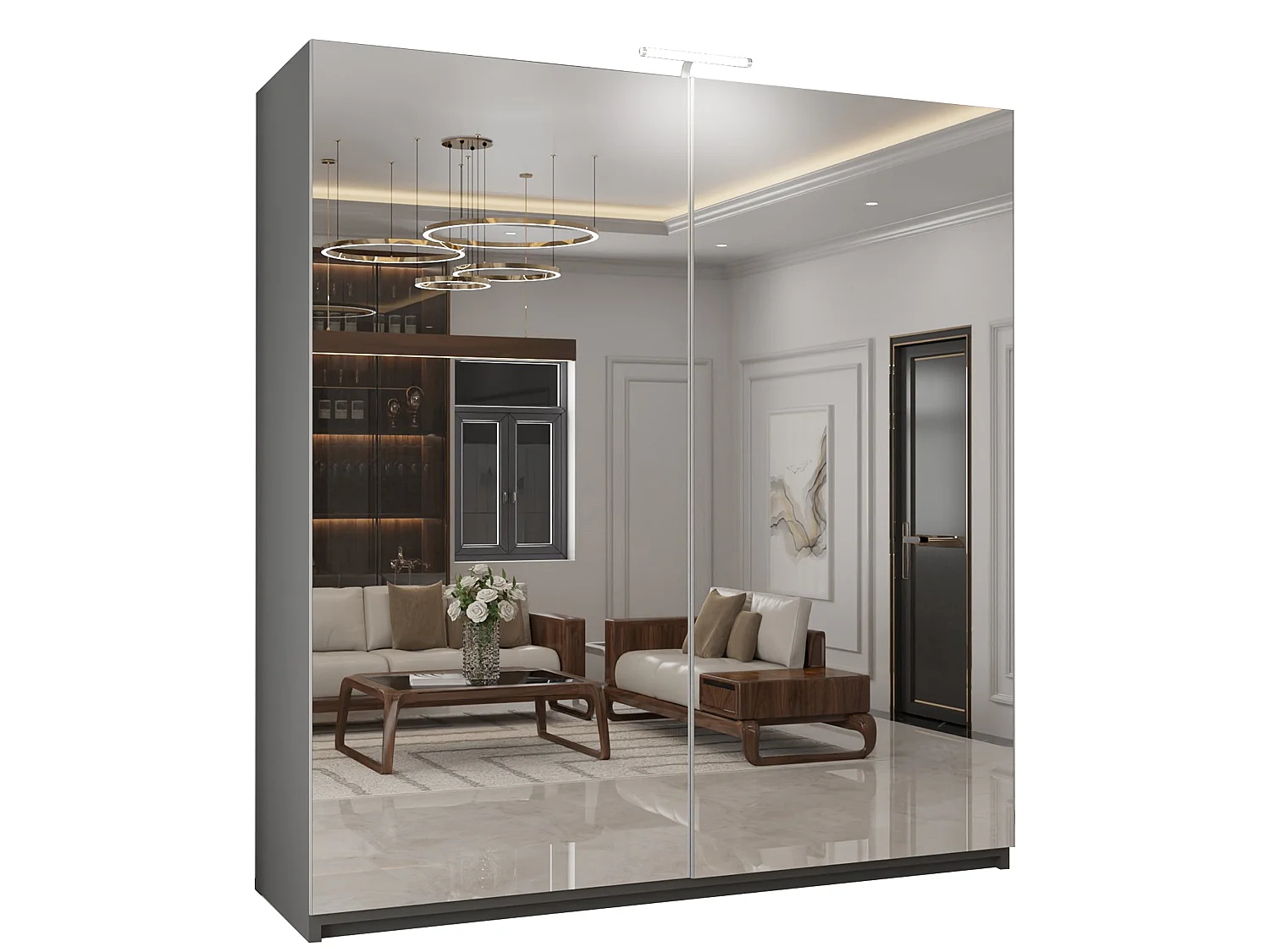 Full Mirror Sliding Door Wardrobe with LED Light & Drawers - grey 200cm - Elara