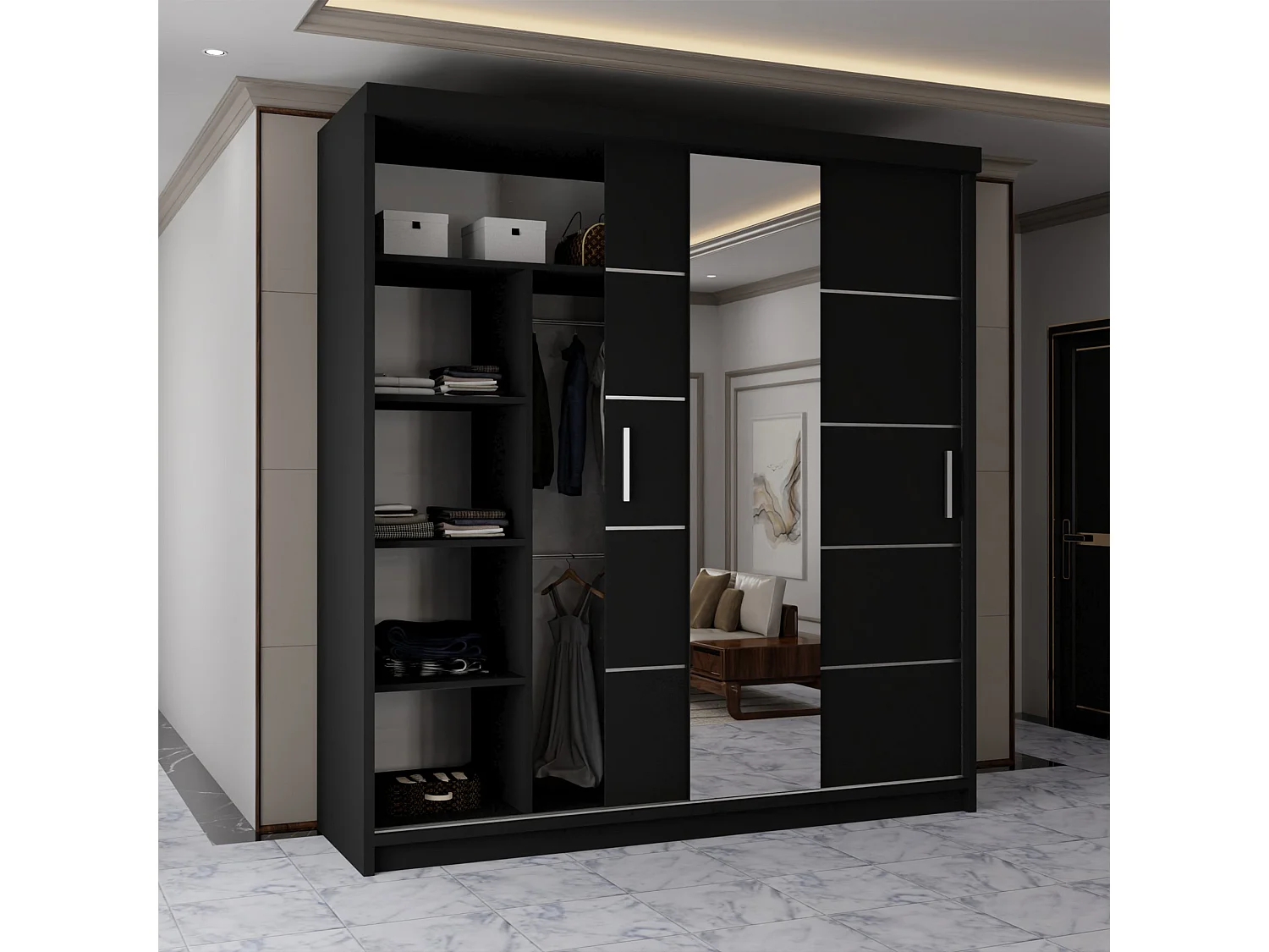 Sliding Wardrobe with Mirrored Doors - 203cm Black - Modern