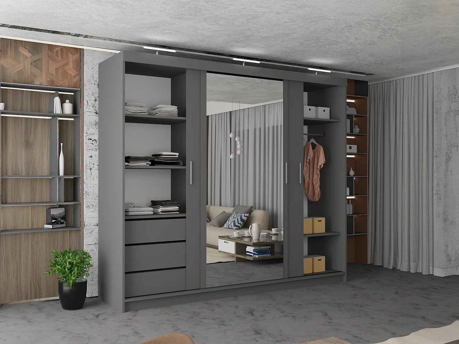 3 Door Sliding Wardrobe with Centre Mirror, LED Lights & Drawers - grey 250cm - Ibaraki