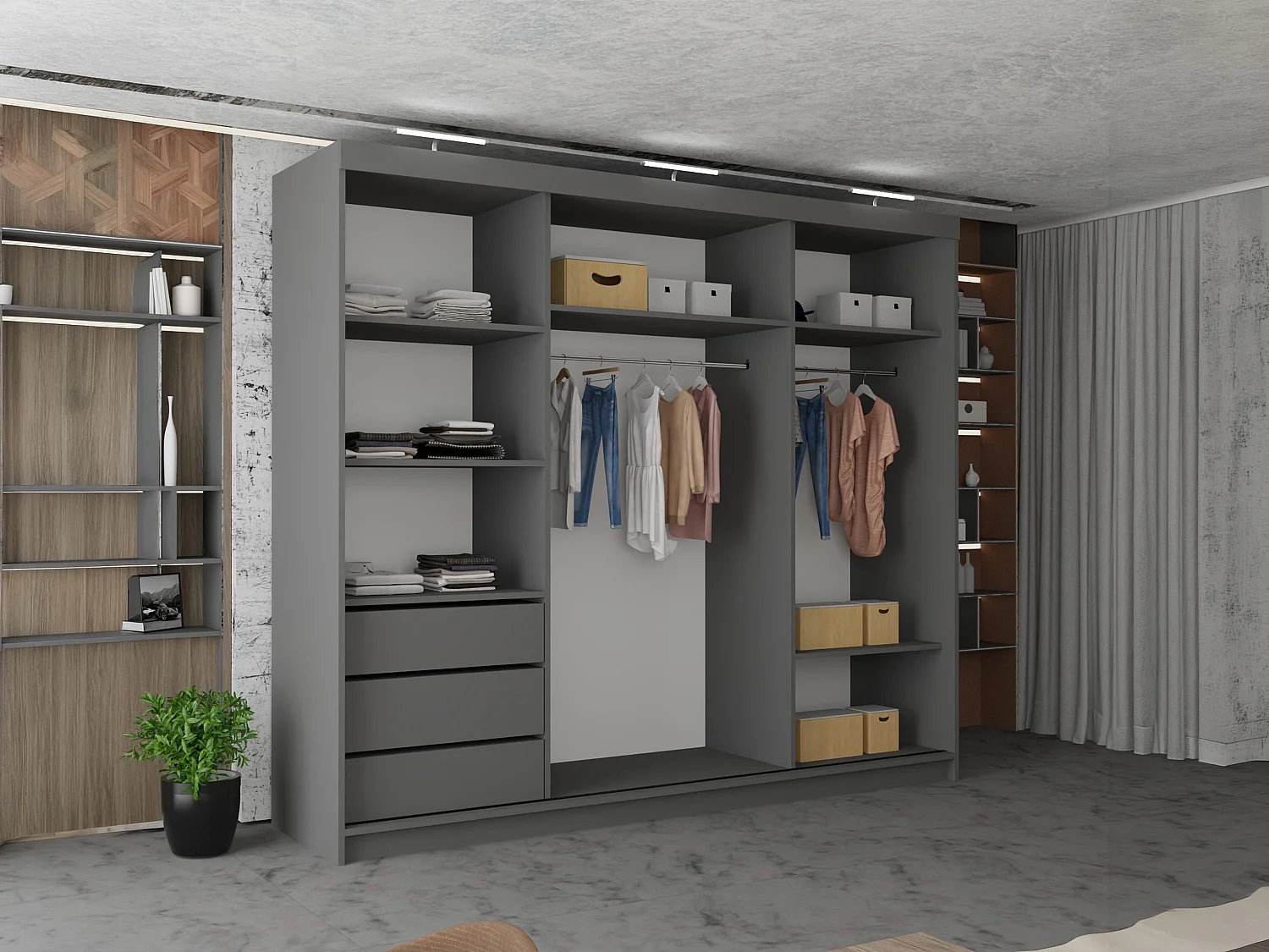 3 Door Sliding Wardrobe with Centre Mirror, LED Lights & Drawers - grey 250cm - Ibaraki