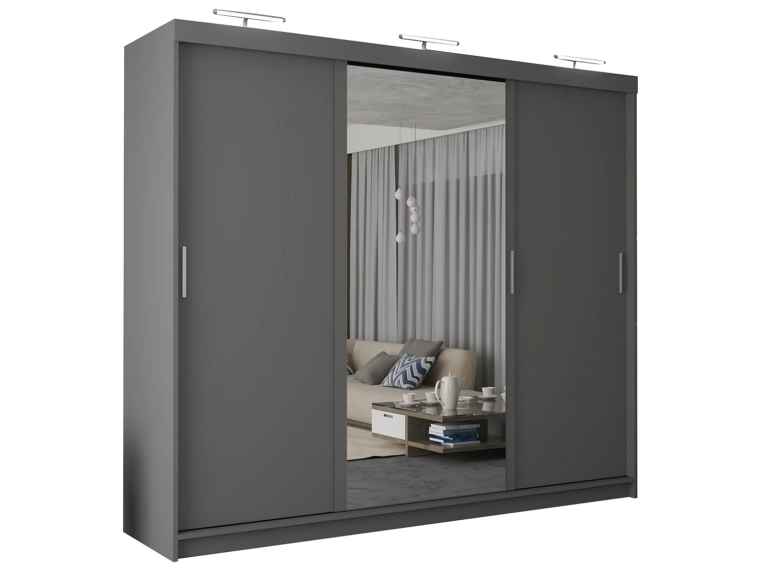 3 Door Sliding Wardrobe with Centre Mirror, LED Lights & Drawers - grey 250cm - Ibaraki