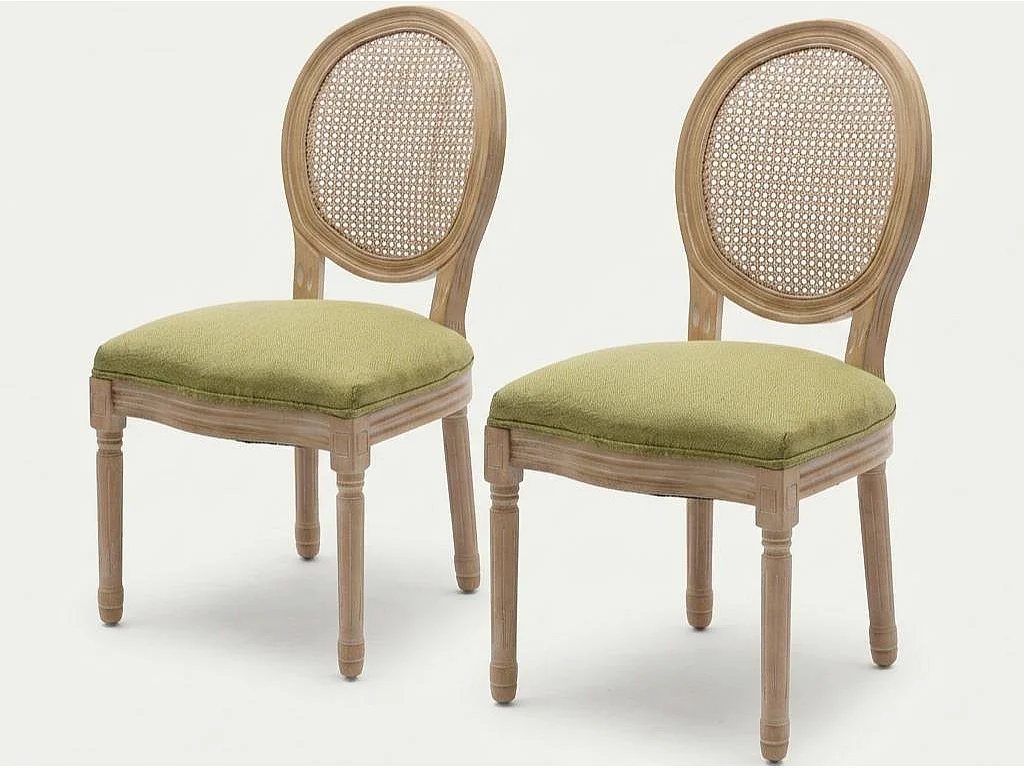 Lot de 2 Chaises de Salle à Manger en Bois Massif et Rotin, Style Médaillon Champêtre, Assise Tissu Lin (Beige/Gris/Vert/Brun)