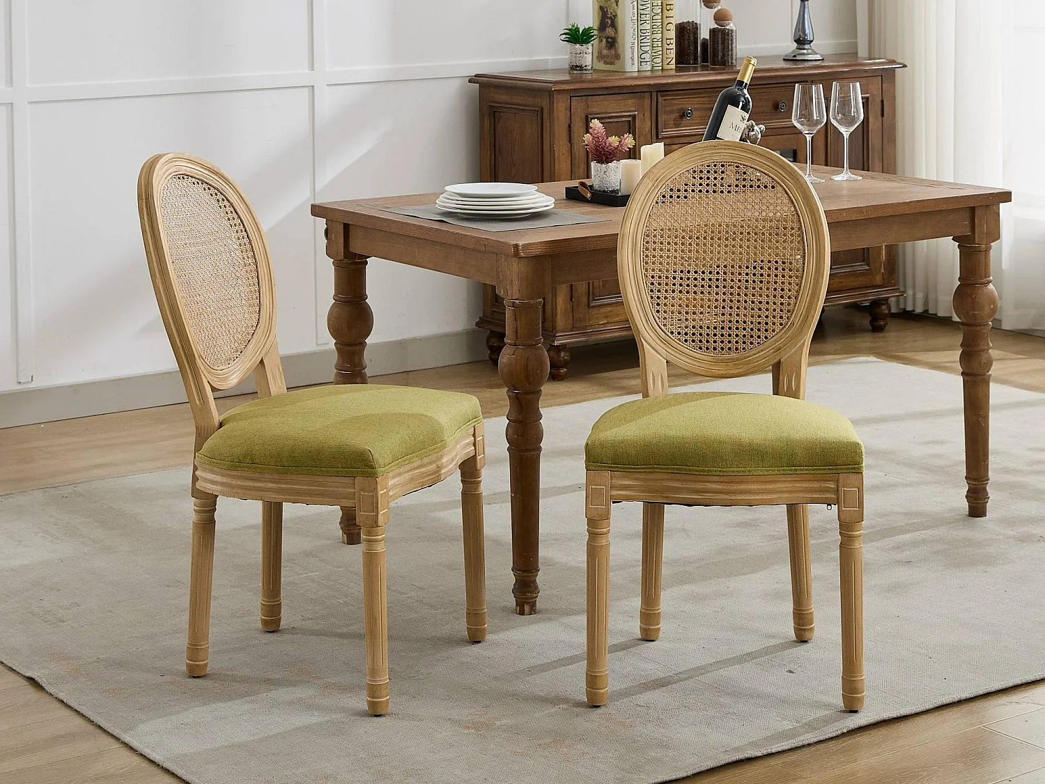 Lot de 2 Chaises de Salle à Manger en Bois Massif et Rotin, Style Médaillon Champêtre, Assise Tissu Lin (Beige/Gris/Vert/Brun)