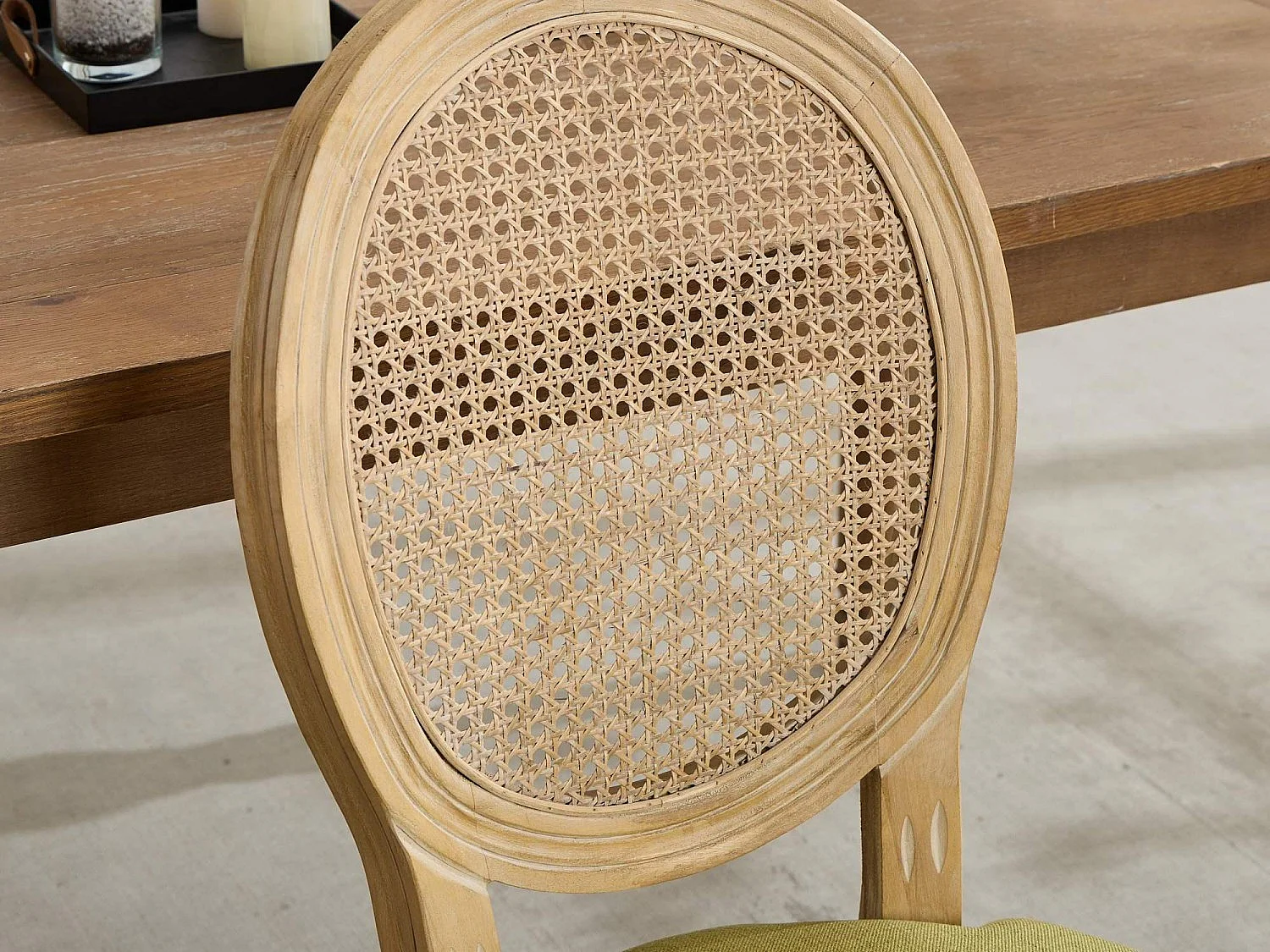 Lot de 2 Chaises de Salle à Manger en Bois Massif et Rotin, Style Médaillon Champêtre, Assise Tissu Lin (Beige/Gris/Vert/Brun)