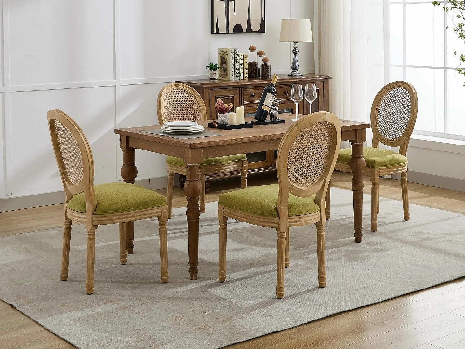 Lot de 2 Chaises de Salle à Manger en Bois Massif et Rotin, Style Médaillon Champêtre, Assise Tissu Lin (Beige/Gris/Vert/Brun)
