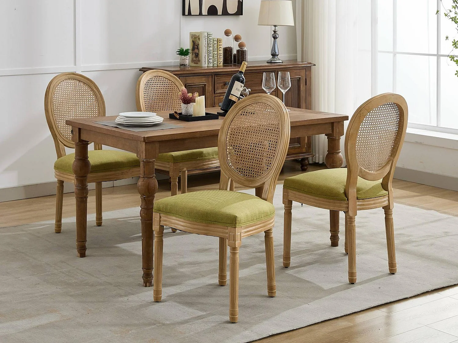 Lot de 2 Chaises de Salle à Manger en Bois Massif et Rotin, Style Médaillon Champêtre, Assise Tissu Lin (Beige/Gris/Vert/Brun)