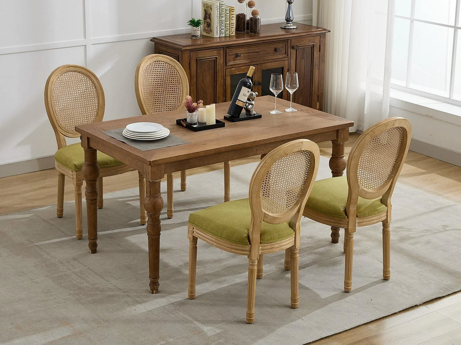 Lot de 2 Chaises de Salle à Manger en Bois Massif et Rotin, Style Médaillon Champêtre, Assise Tissu Lin (Beige/Gris/Vert/Brun)