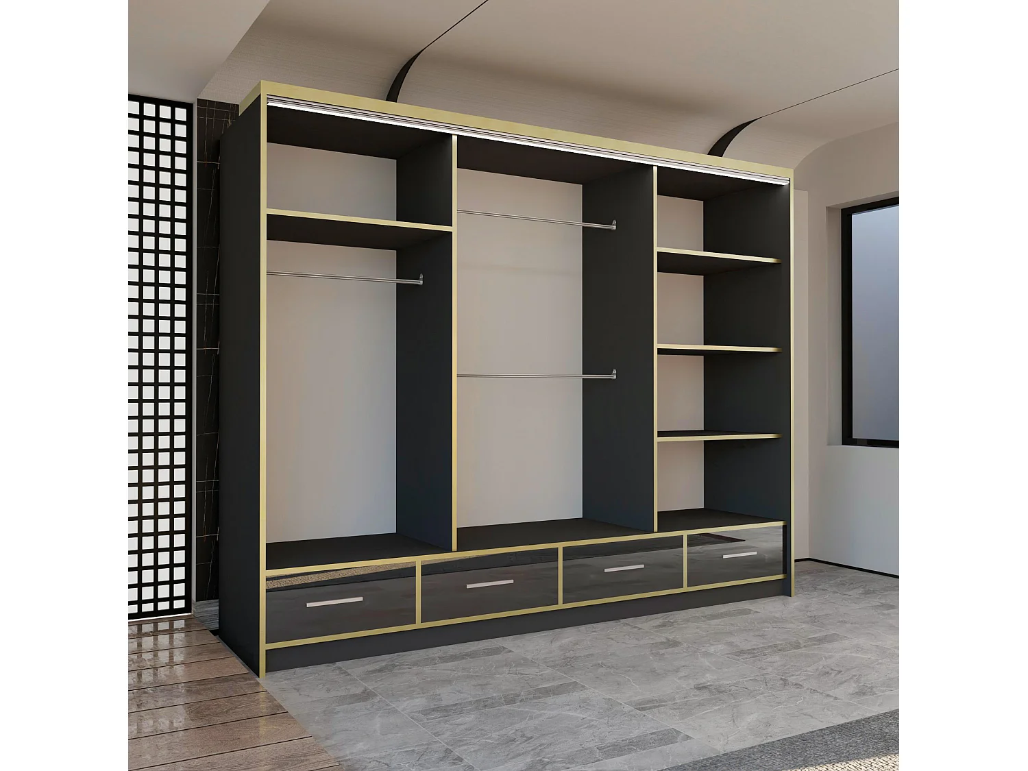 High Gloss Mirrored Sliding Door Wardrobe with Gold Detail - black 253cm - Sudenia