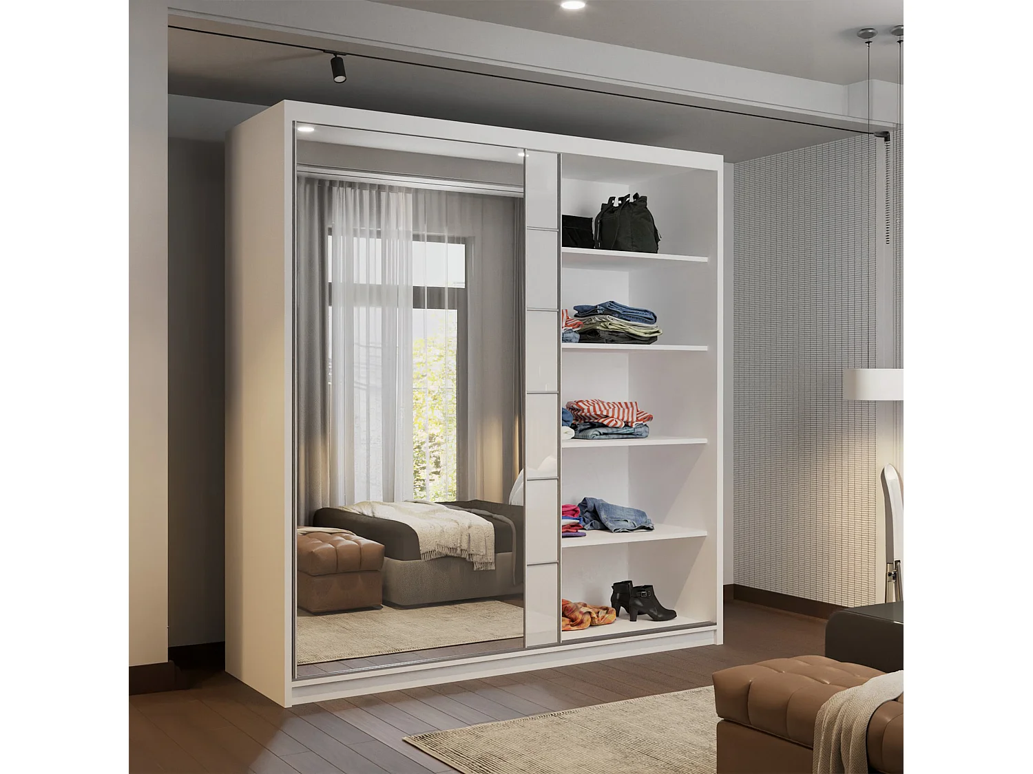 High Gloss Sliding Door Wardrobe with Mirror - white 200cm - Amsterdem