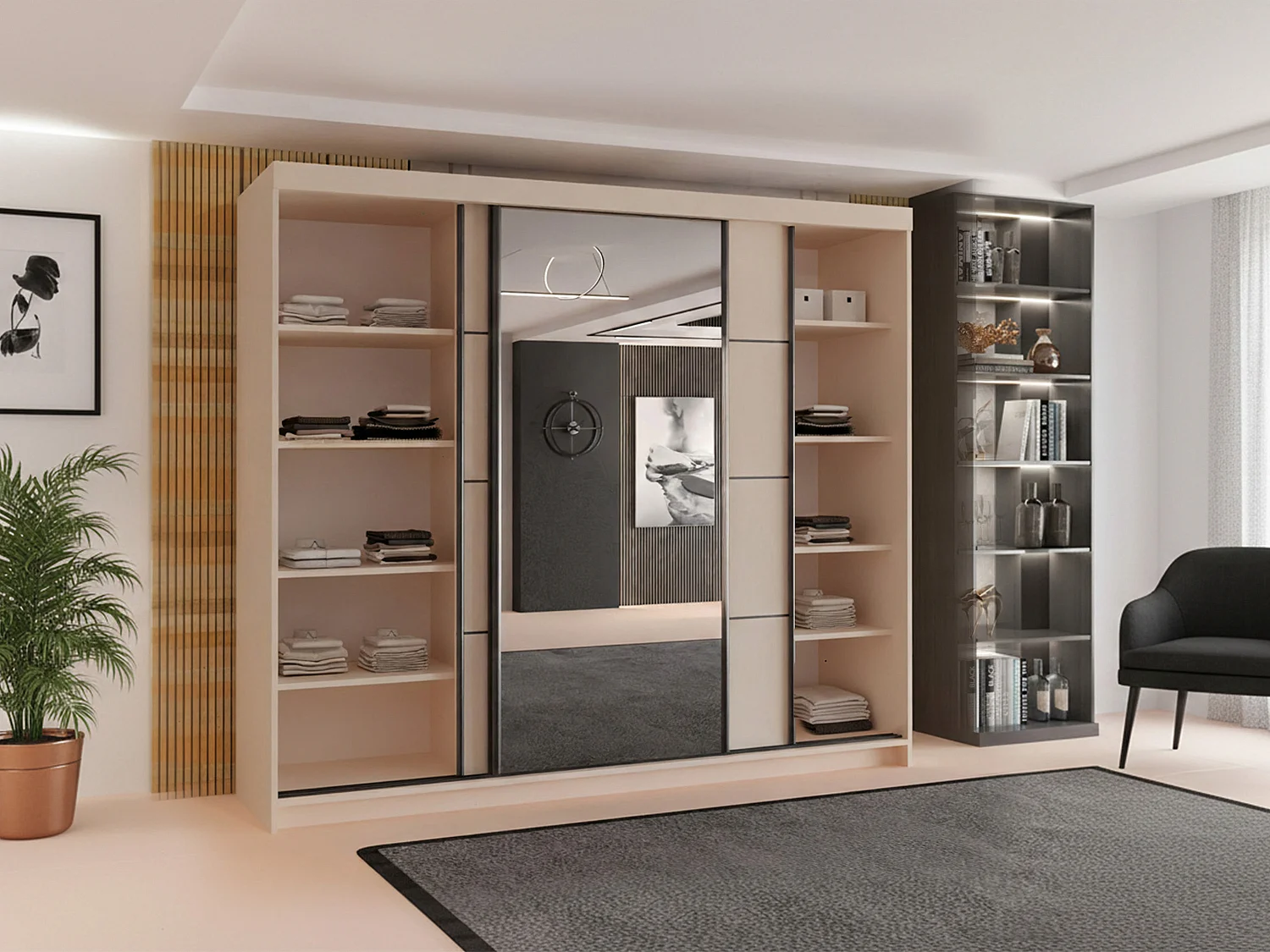 3-Door Sliding Wardrobe with Shelves & Hanging Rail - cashmere 250cm - Lorenzo