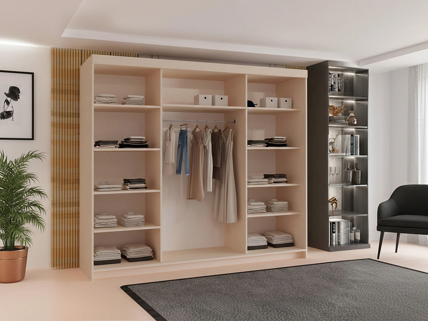 3-Door Sliding Wardrobe with Shelves & Hanging Rail - cashmere 250cm - Lorenzo