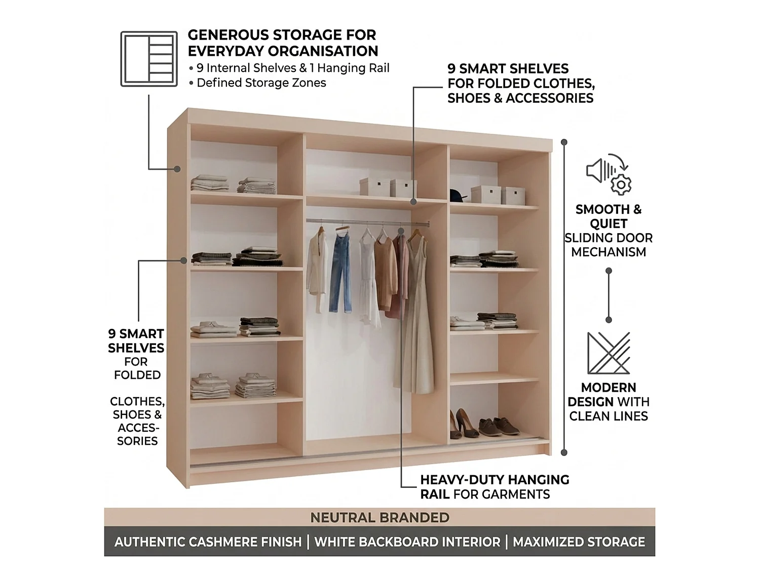 3-Door Sliding Wardrobe with Shelves & Hanging Rail - cashmere 250cm - Lorenzo