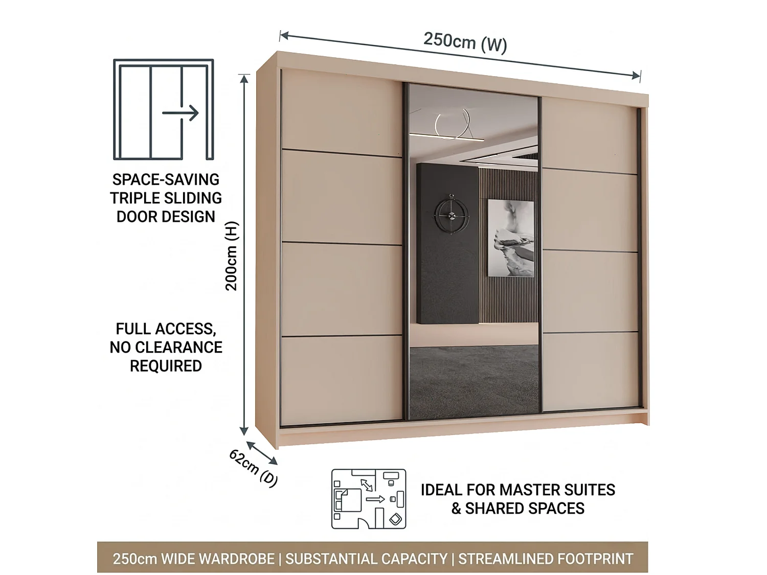 3-Door Sliding Wardrobe with Shelves & Hanging Rail - cashmere 250cm - Lorenzo