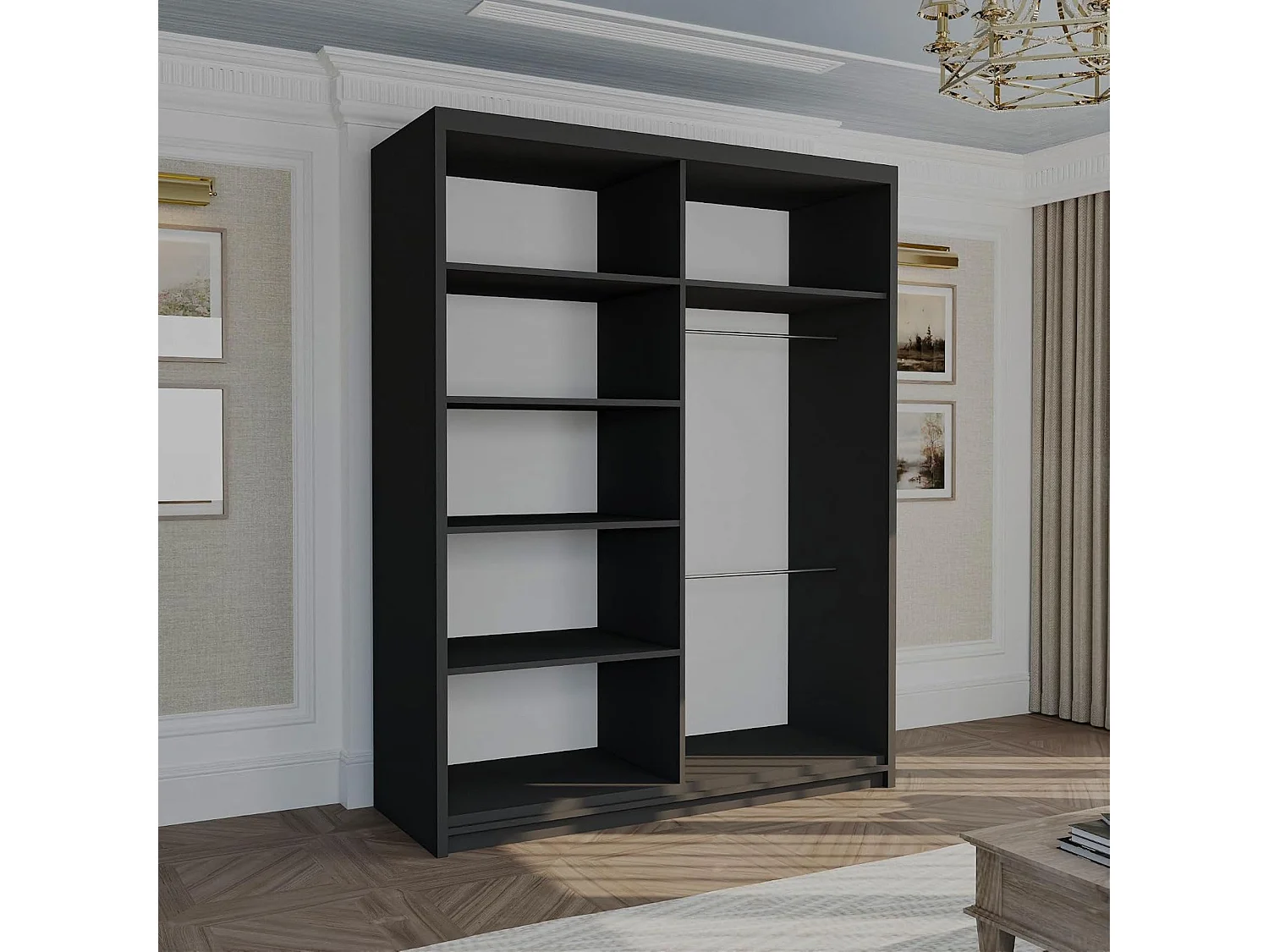 Full Mirror Sliding Door Wardrobe with Shelves & Hanging Rails - black 150cm - Celine