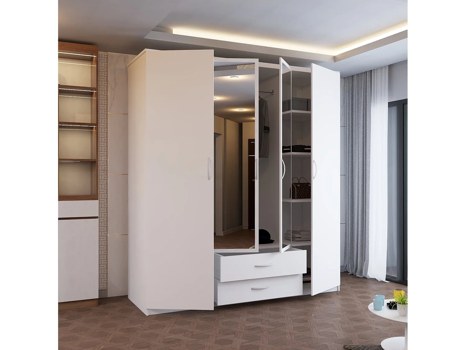 4-Door Mirrored Wardrobe with 8 Shelves and 2 Drawers - white  171cm - Modern
