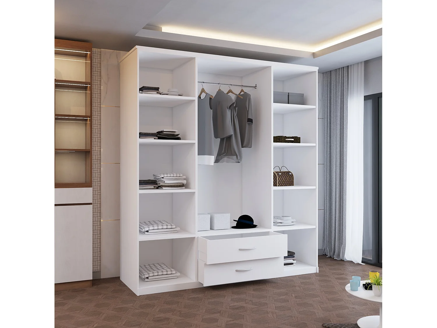 4-Door Mirrored Wardrobe with 8 Shelves and 2 Drawers - white  171cm - Modern