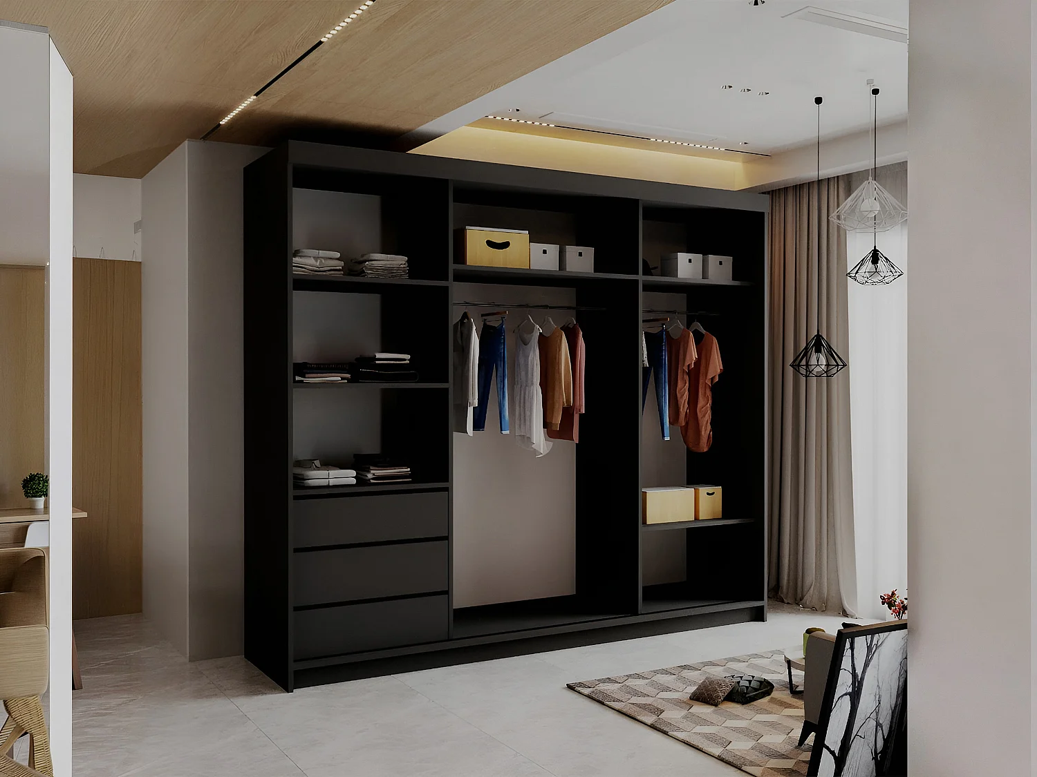 Sliding Door Wardrobe with Mirrors, Shelves and Drawers - black 250cm - Brampton