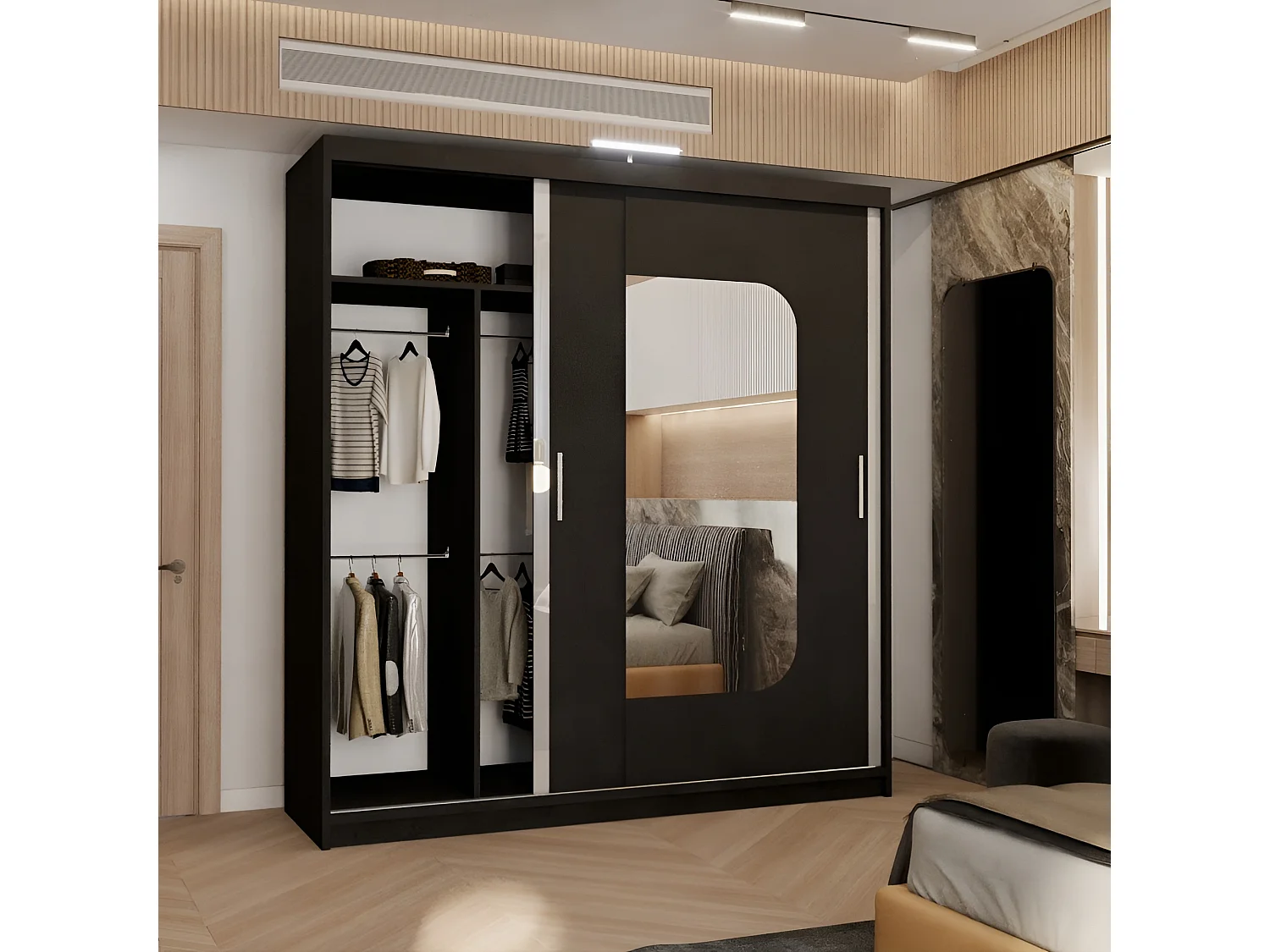 Sliding Door Wardrobe with Rounded Mirror - black 203cm - Arden