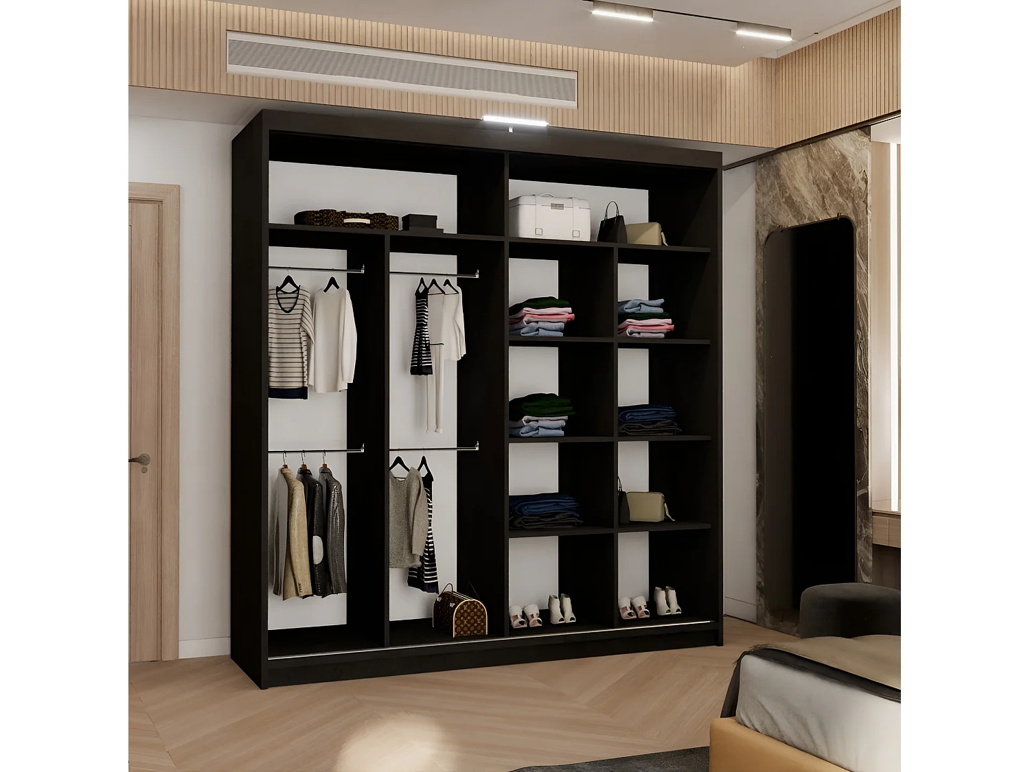 Sliding Door Wardrobe with Rounded Mirror - black 203cm - Arden