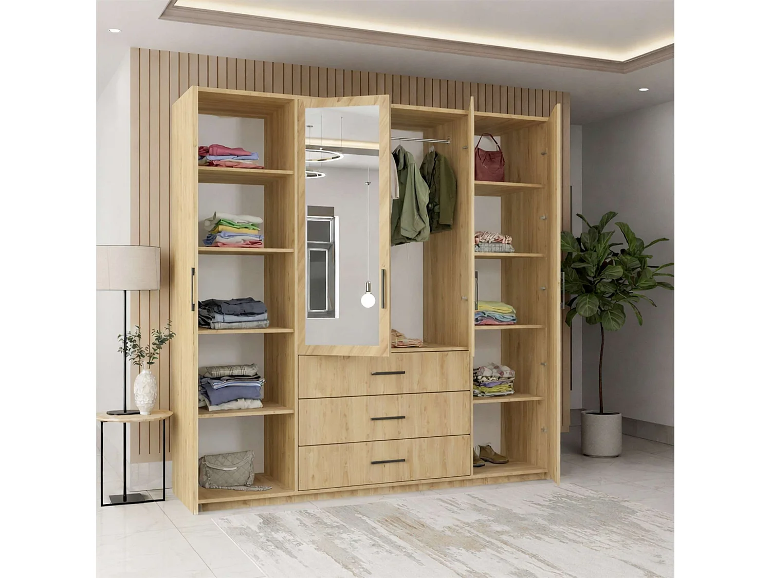4 Door Hinged Wardrobe with Mirror & Drawers - 200cm artisan - Alessia