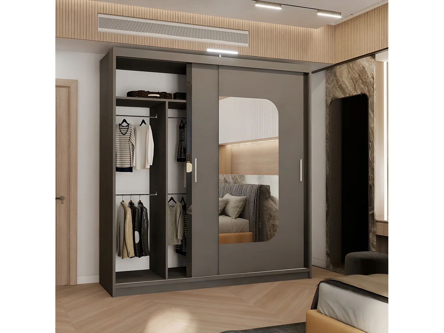 Sliding Door Wardrobe with Rounded Mirror - grey 203cm - Arden