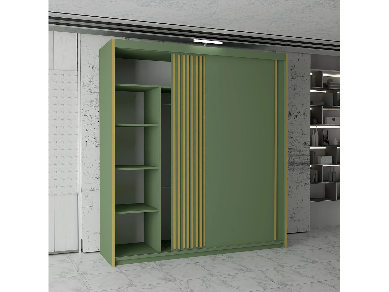 Sliding Door Wardrobe with LED Lighting & Rose Gold Details - Green 203cm - Aurelia