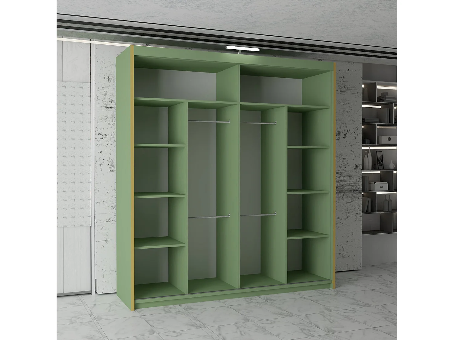 Sliding Door Wardrobe with LED Lighting & Rose Gold Details - Green 203cm - Aurelia