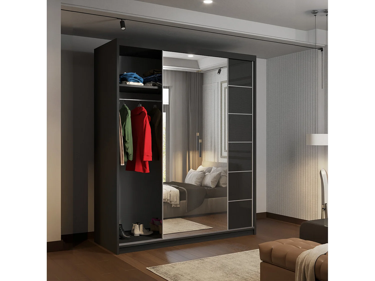 High Gloss Sliding Door Wardrobe with Mirror - black 180cm - Amsterdem