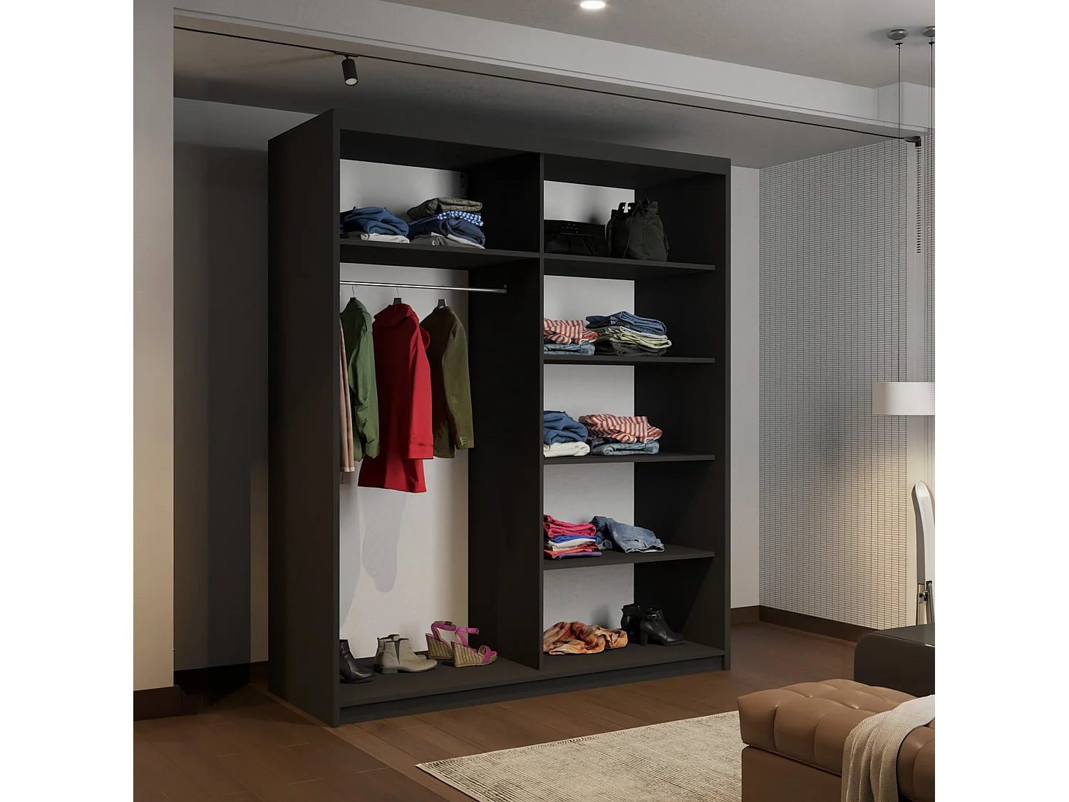 High Gloss Sliding Door Wardrobe with Mirror - black 180cm - Amsterdem