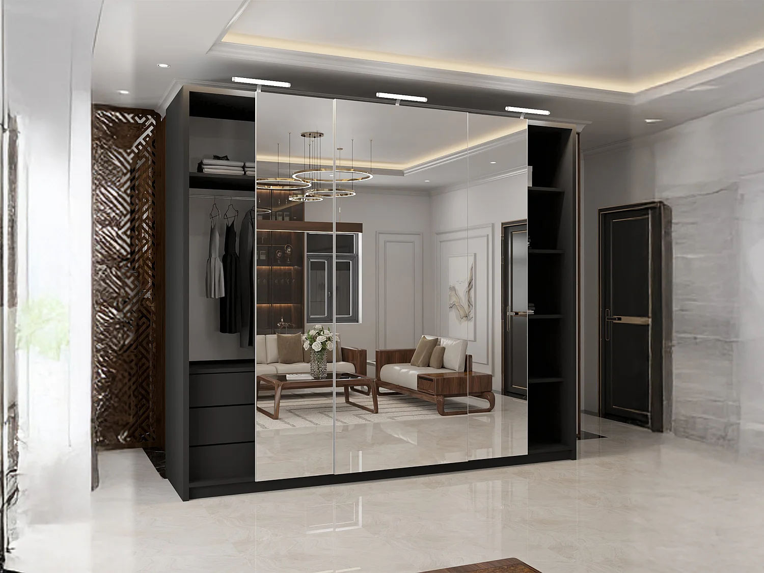 Full Mirror Sliding Door Wardrobe with LED Light & Drawers - black 250cm - Elara
