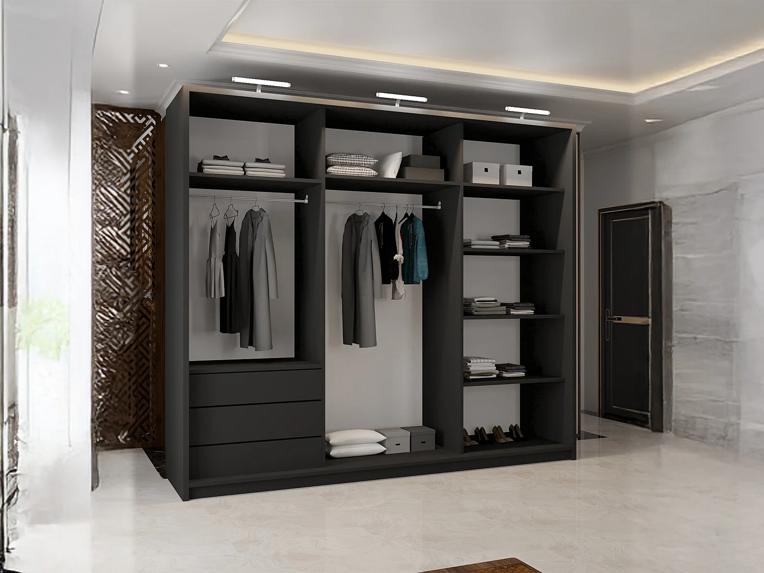 Full Mirror Sliding Door Wardrobe with LED Light & Drawers - black 250cm - Elara