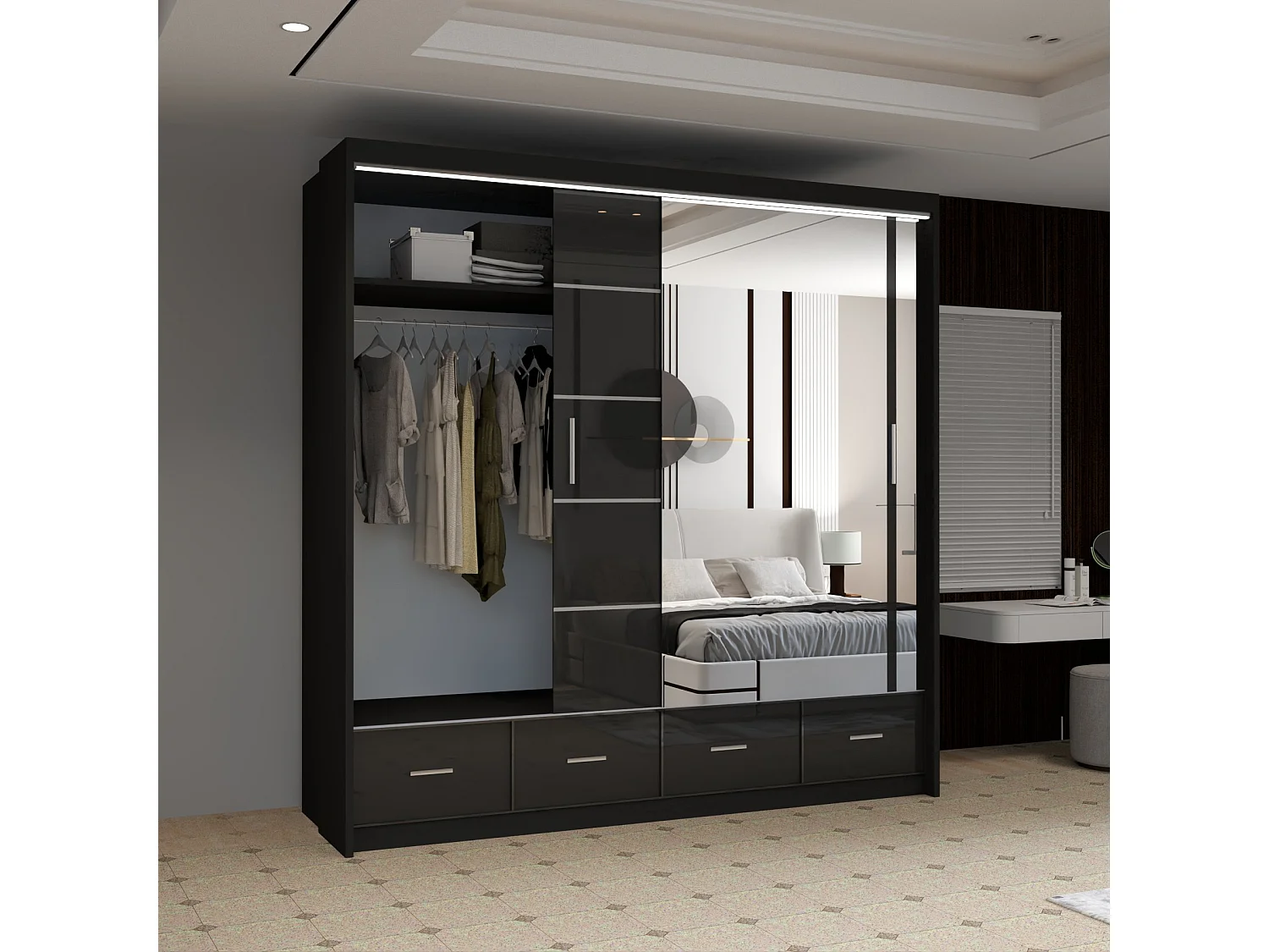 High Gloss Sliding Door Wardrobe with Mirror and Drawers - black 203cm - Derry