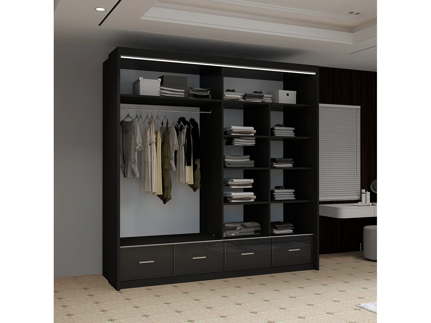 High Gloss Sliding Door Wardrobe with Mirror and Drawers - black 203cm - Derry