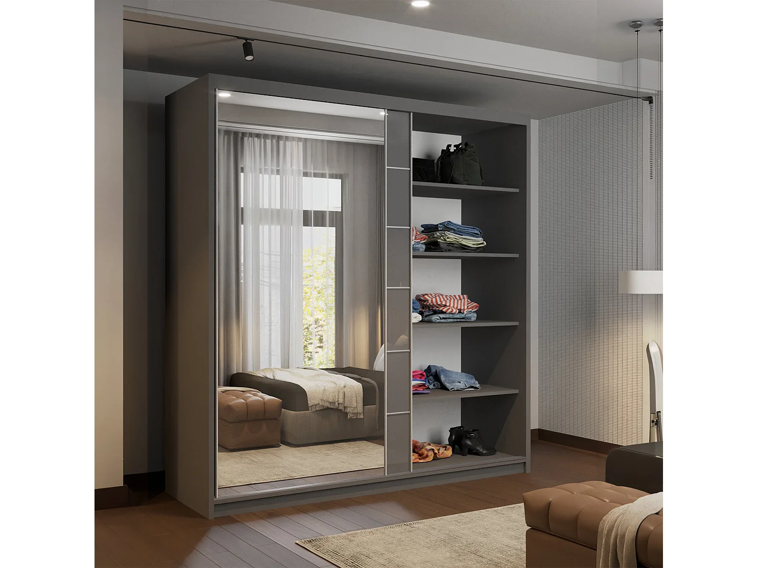 High Gloss Sliding Door Wardrobe with Mirror - grey 200cm - Amsterdem