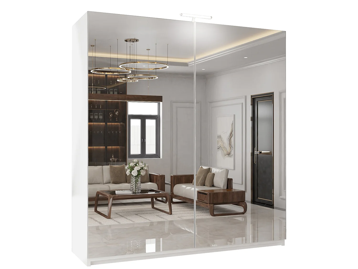 Full Mirror Sliding Door Wardrobe with LED Light & Drawers - white 150cm - Elara