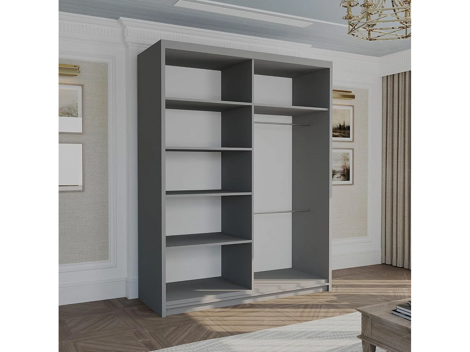 Full Mirror Sliding Door Wardrobe with Shelves & Hanging Rails - grey 150cm - Celine