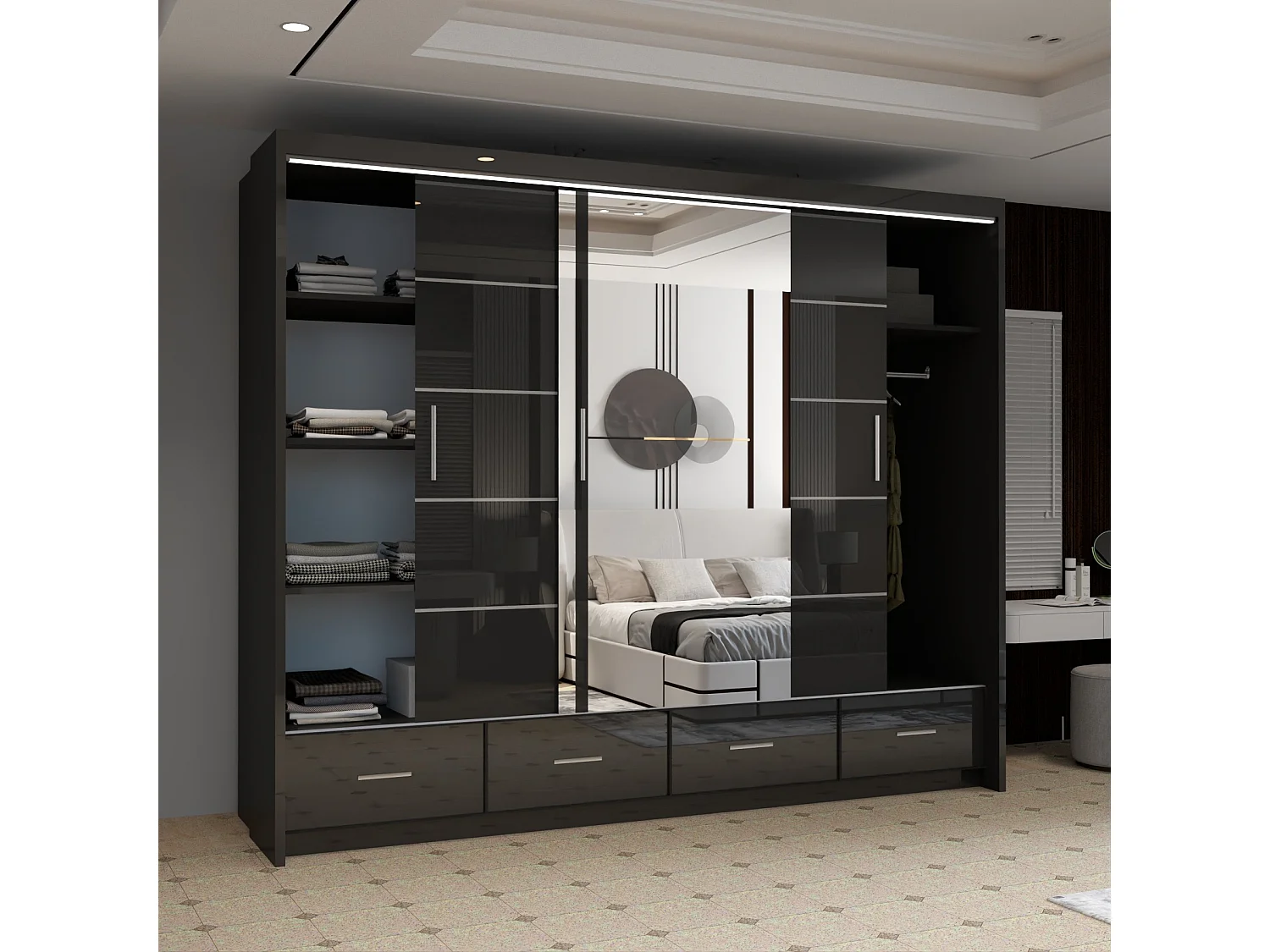 High Gloss Sliding Door Wardrobe with Mirror and Drawers - black 255cm - Derry