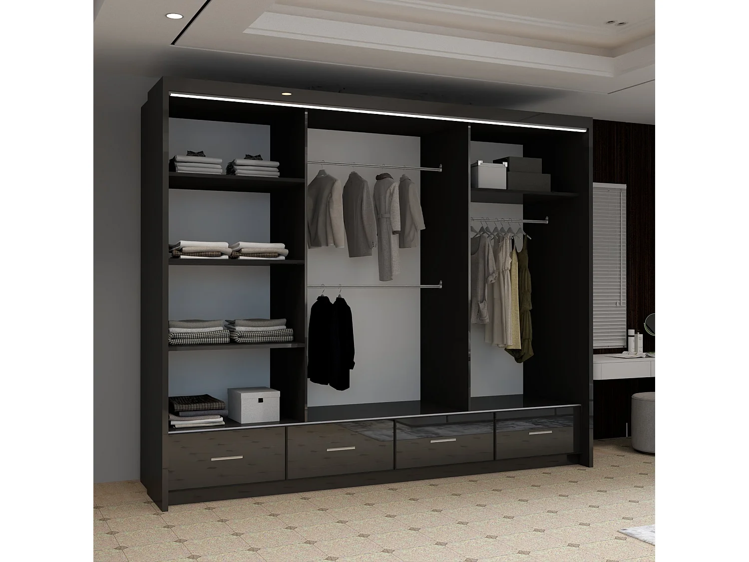 High Gloss Sliding Door Wardrobe with Mirror and Drawers - black 255cm - Derry