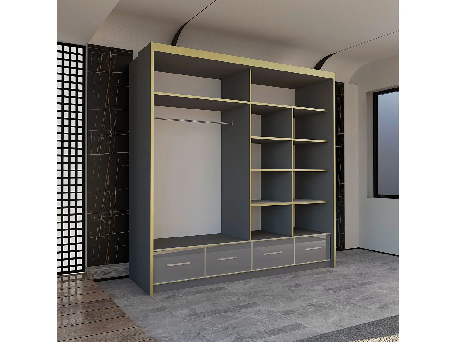 High Gloss Mirrored Sliding Door Wardrobe with Gold Detail - grey 203cm - Sudenia