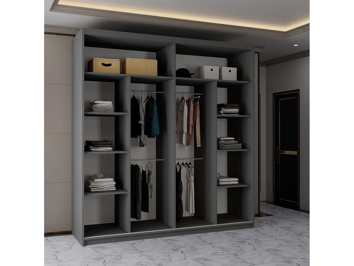 Sliding Mirrored Door Wardrobe - 203cm - Grey - Vision